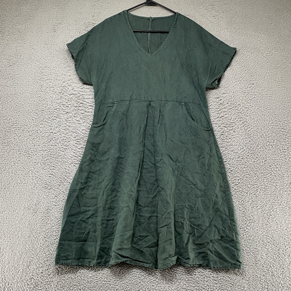 Grae Cove Dress Womens L Green Linen Ainsley Pockets V-Neck Lagenlook Capsule